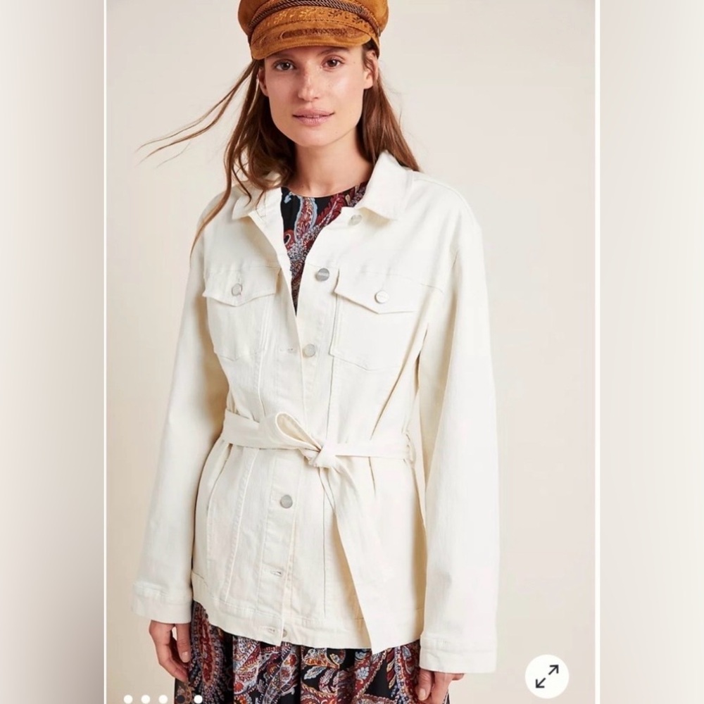 NWOT, Sanctuary for Anthropologie Jessa Belted Ivory Denim Trucker Jacket Size L